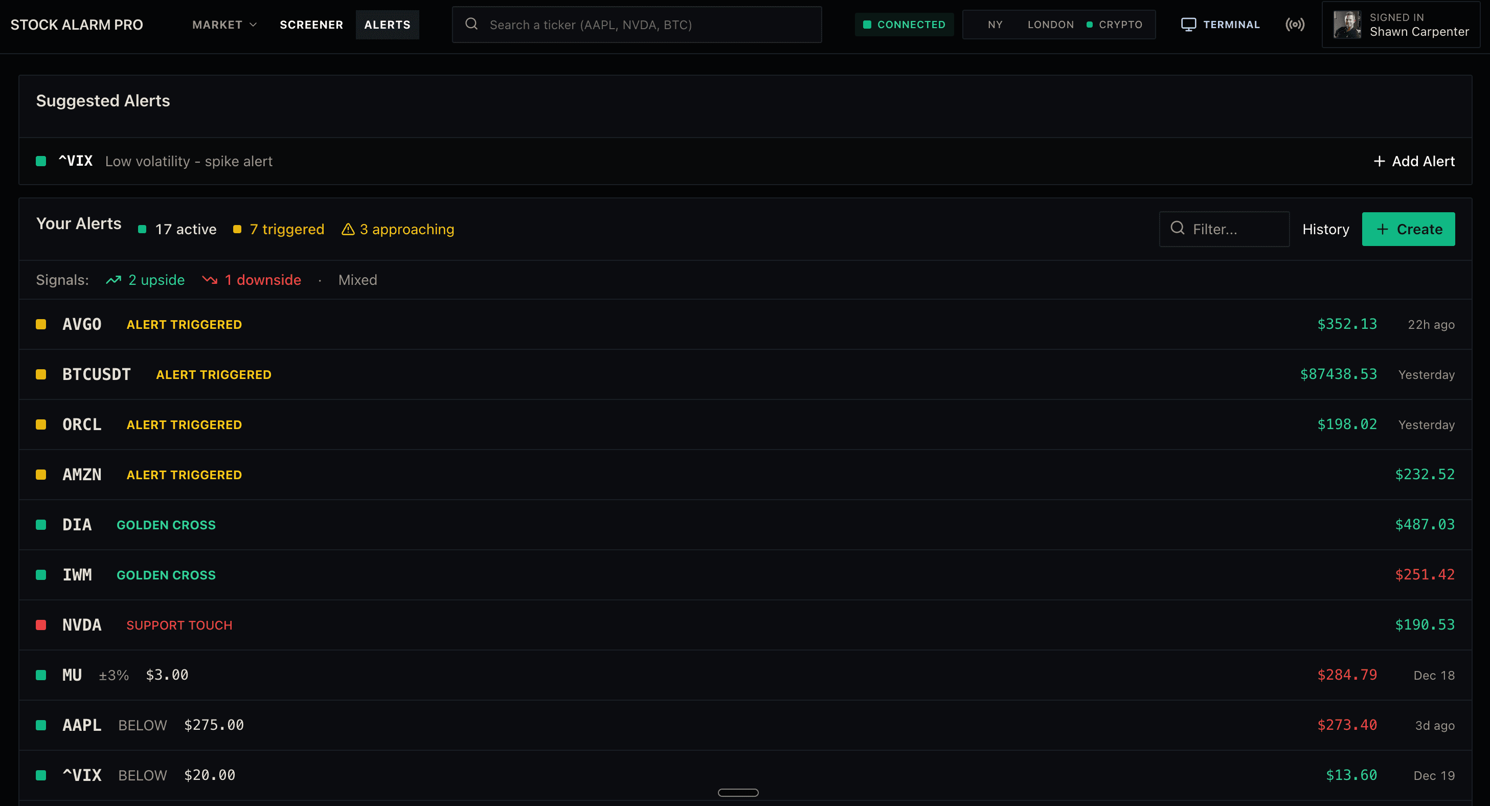 Stock Alarm Pro alerts interface
